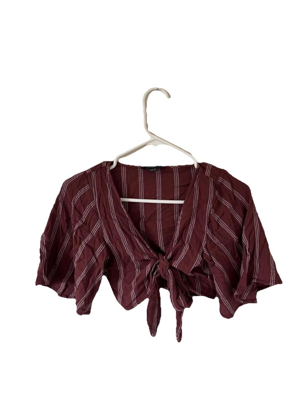 American Eagle Women's Maroon Tie Crop Top Sz XS Woven Viscose Ruffle Sleeve